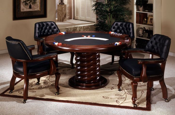 A poker table with four chairs and a black surface, set for a game. Located in the American Region