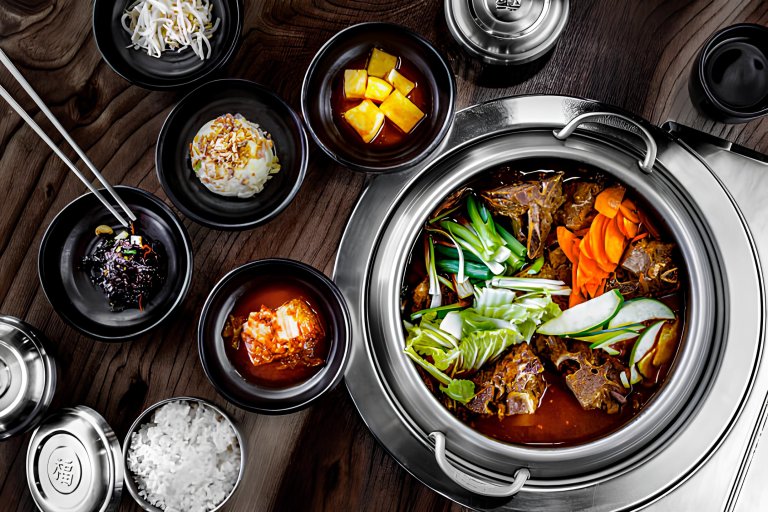 A metal pan filled with a variety of dishes