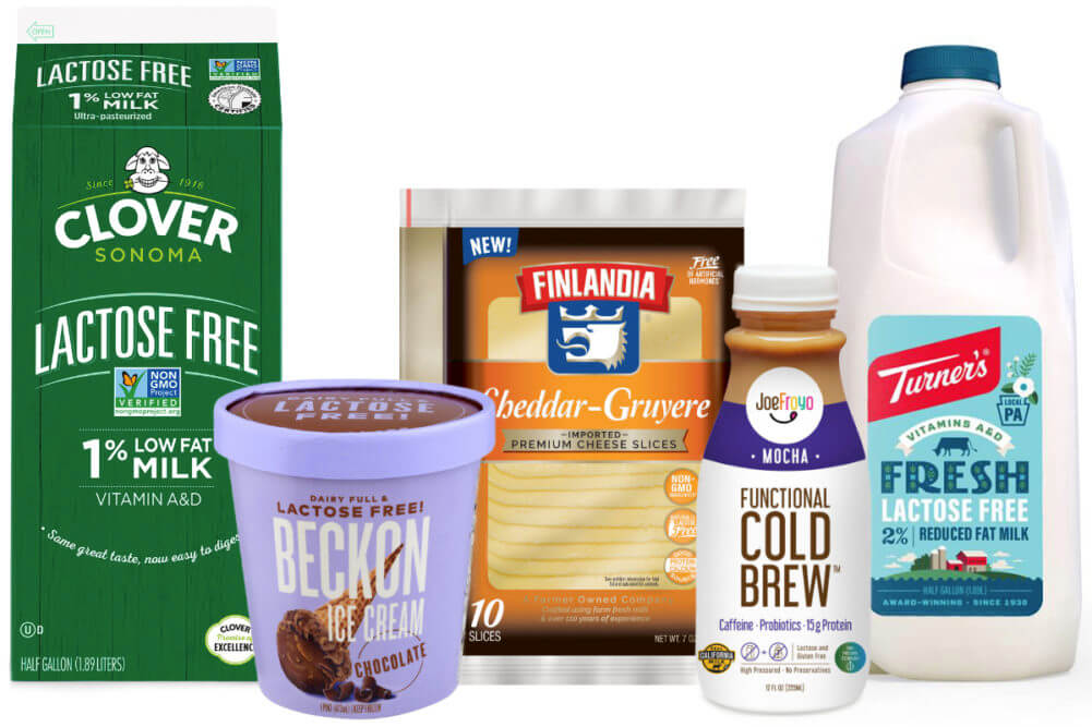  selection of dairy products including milk, yogurt, and ice cream